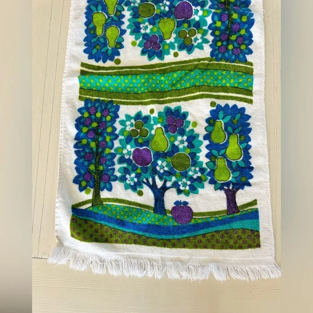Vintage Retro Sayco Hand Towel 100% Cotton Made in California USA Blue Green EUC